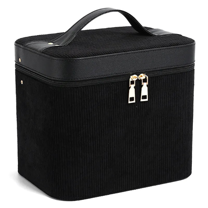 Corduroy cosmetic storage box with large capacity interior in various solid colours