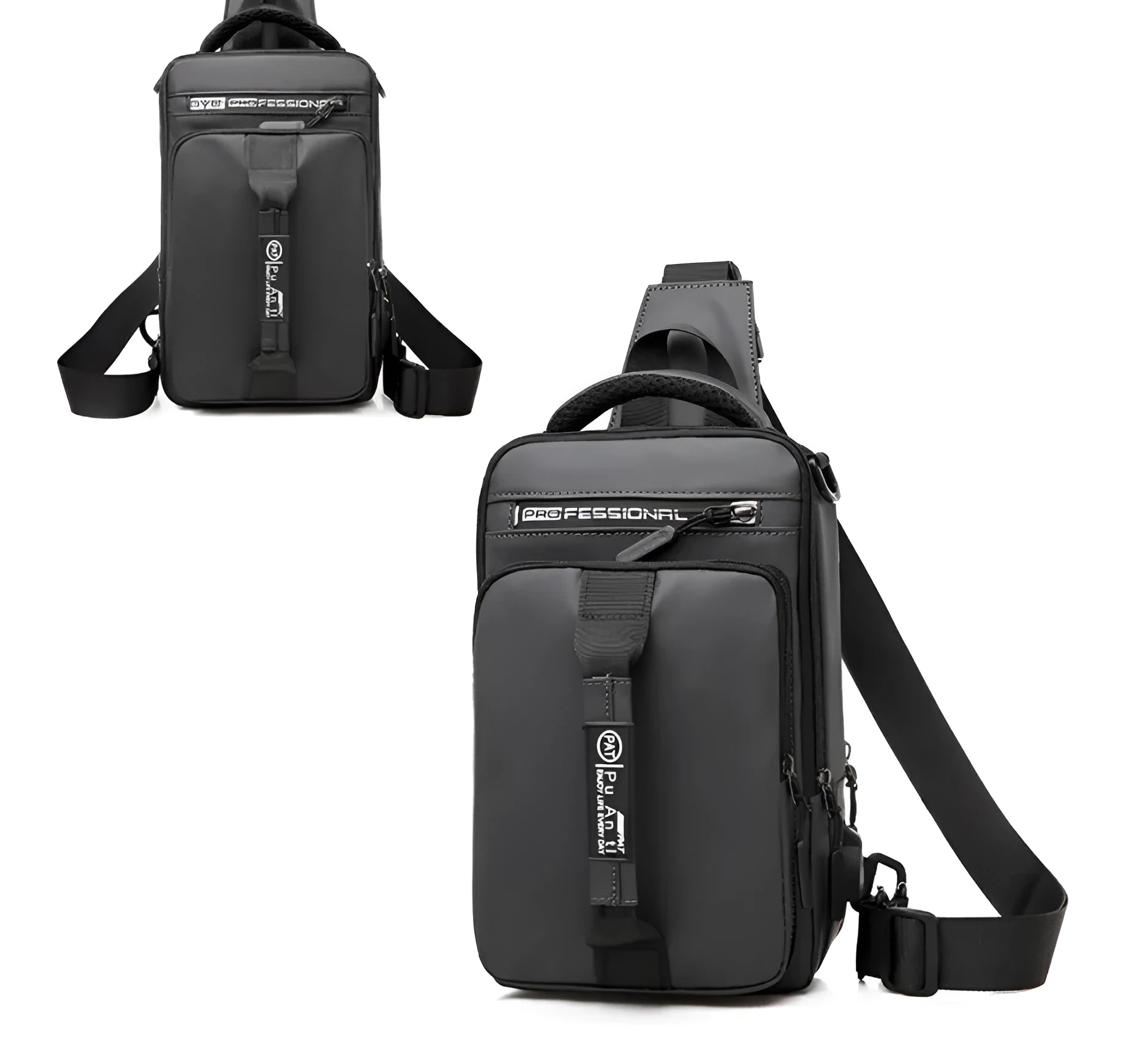 Casual outdoor chest bag in Oxford cloth, medium square vertical section, zipper closure, black colour, soft handle
