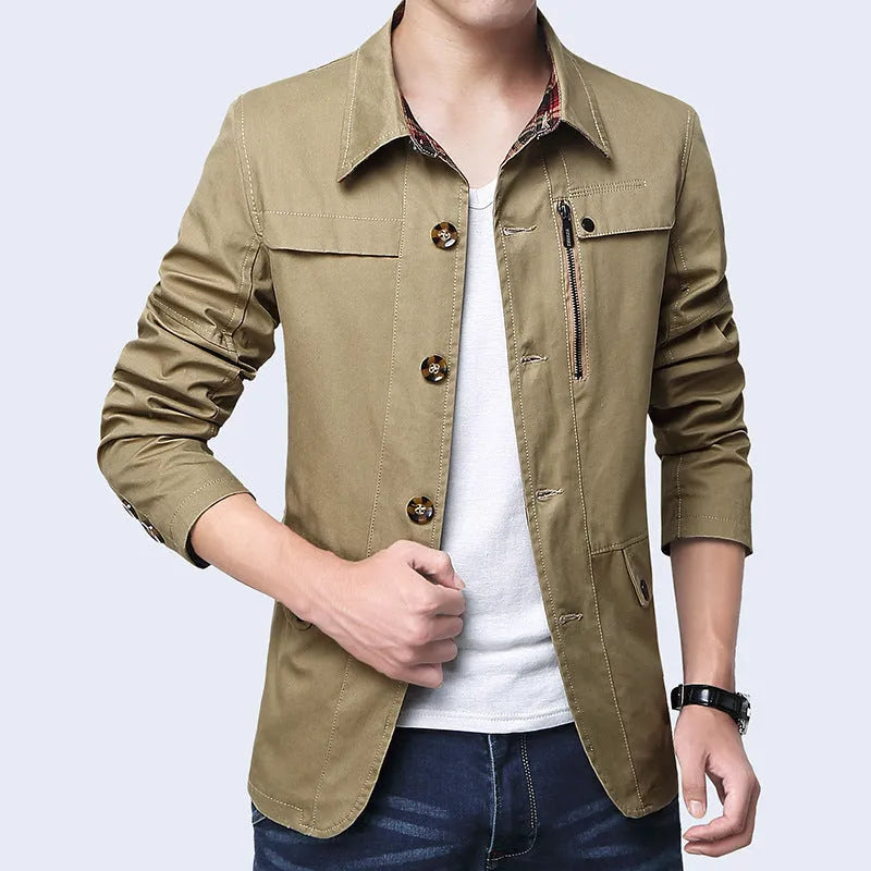 Men's slim thin cotton jacket in Army Green with concealed pockets, 95% cotton, Asian sizing