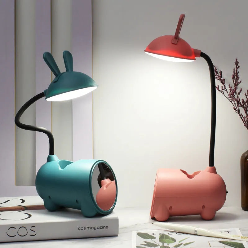 Cartoon style desktop pen container lamp in green, dark blue, or pink with USB cable