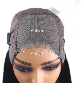 A natural-looking, straight, glueless human hair wig with side bangs, shown in various lengths.