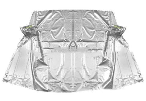 Car windshield frost cover in black/silver, 169x238cm, fitted over windscreen with edges tucked inside car doors