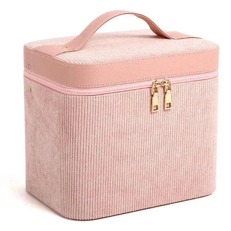 Corduroy cosmetic storage box with large capacity interior in various solid colours
