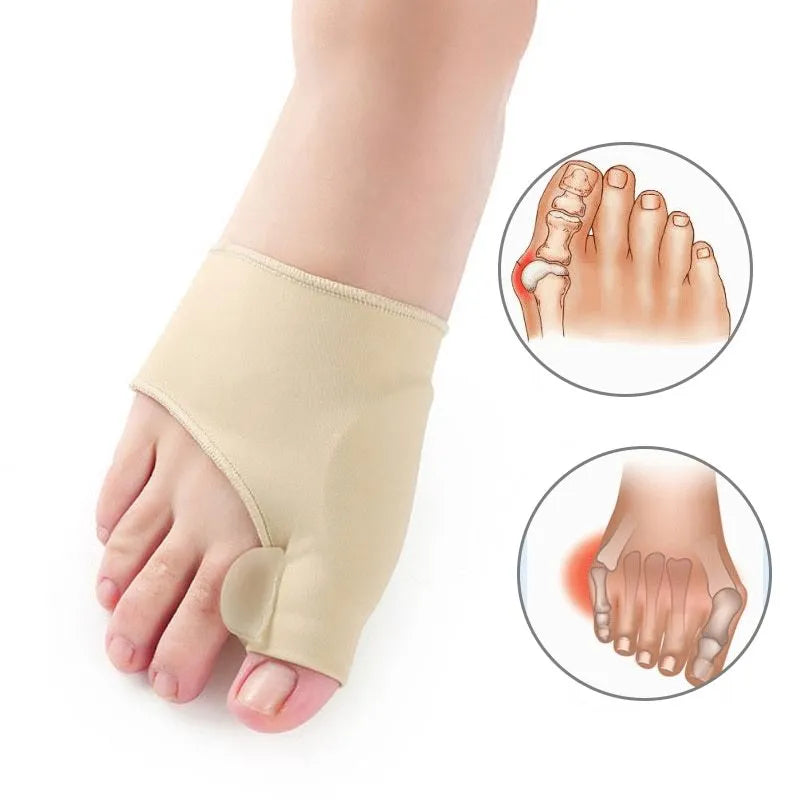 Corrective bunion sock with silicone gel toe separator shown in sizes S, M, and L on a foot diagram.