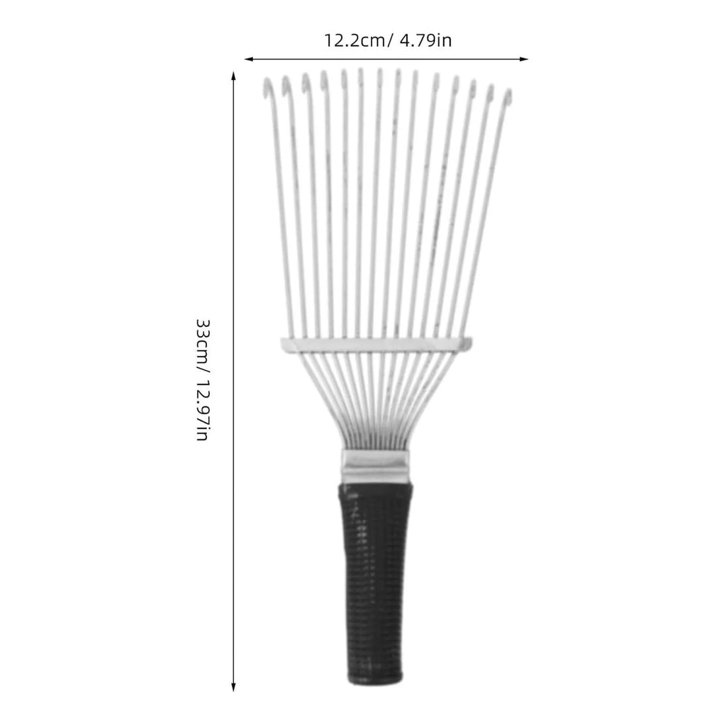 Stainless steel livestock grooming rake comb for horses and dogs on a dark background.