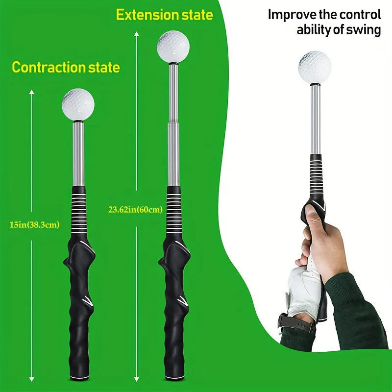 Telescopic stainless steel golf swing trainer in black colour with adjustable positions for practice