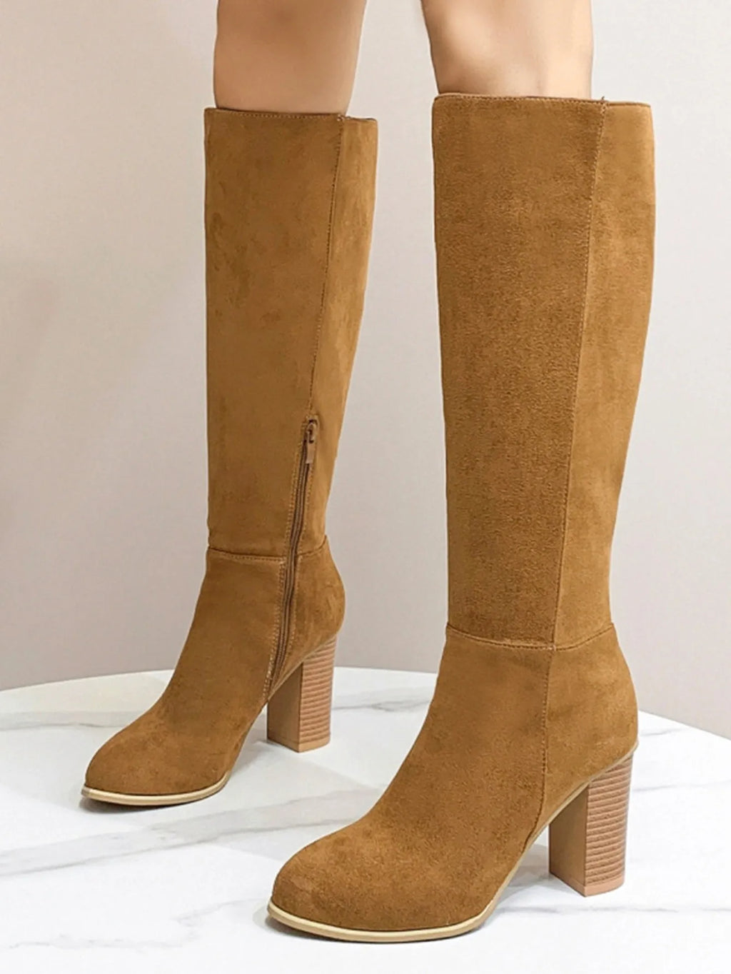 Women's square toe high heel boots in black artificial PU leather with dark brown colour option