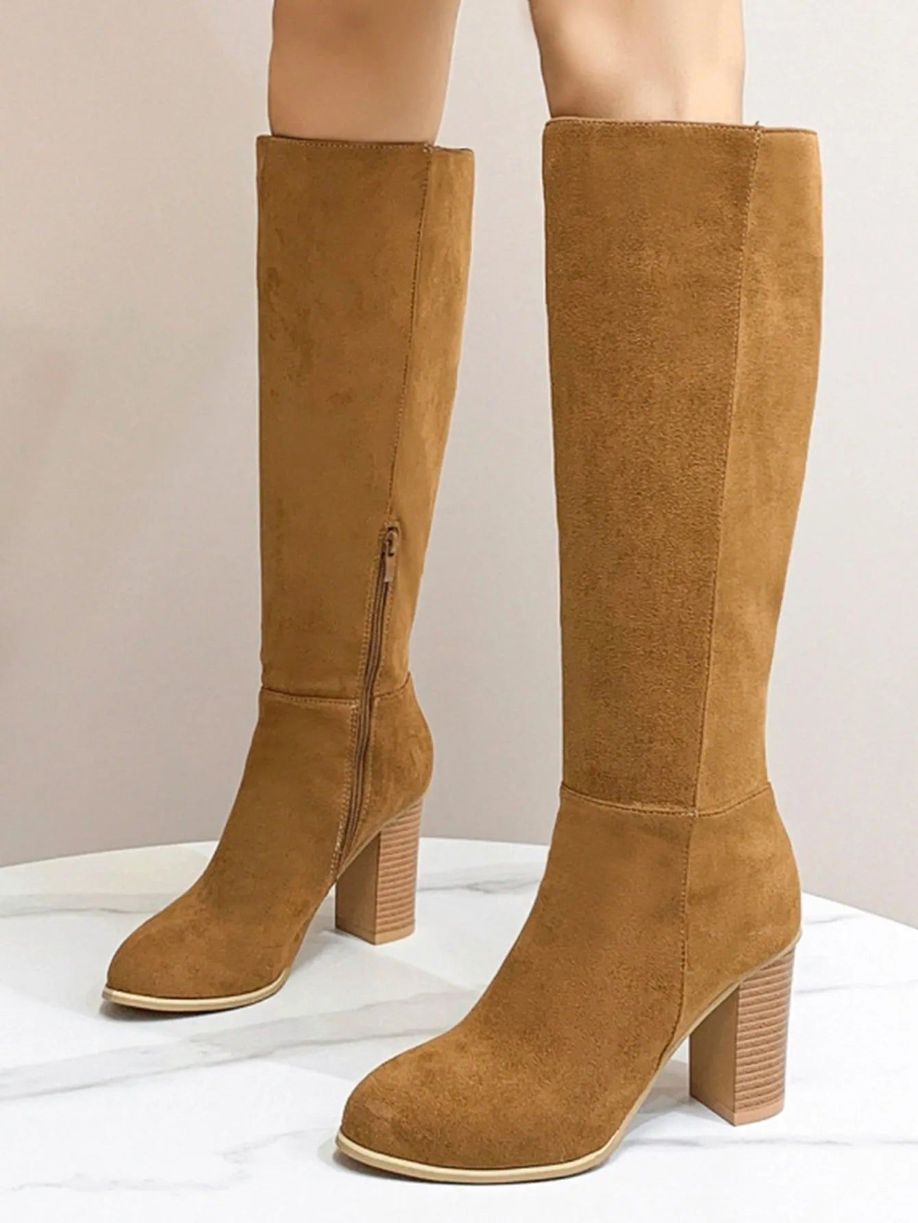 Women's square toe high heel boots in black artificial PU leather with dark brown colour option