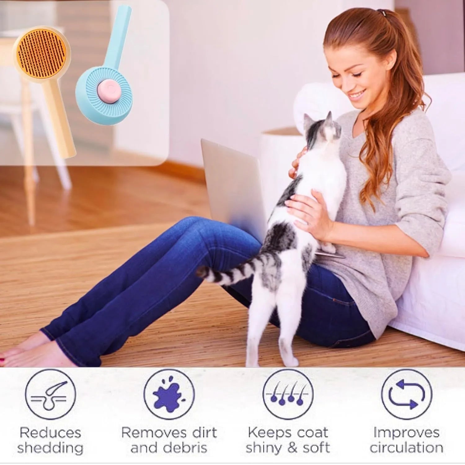 Blue pet grooming brush with self-cleaning button and angled metal needles