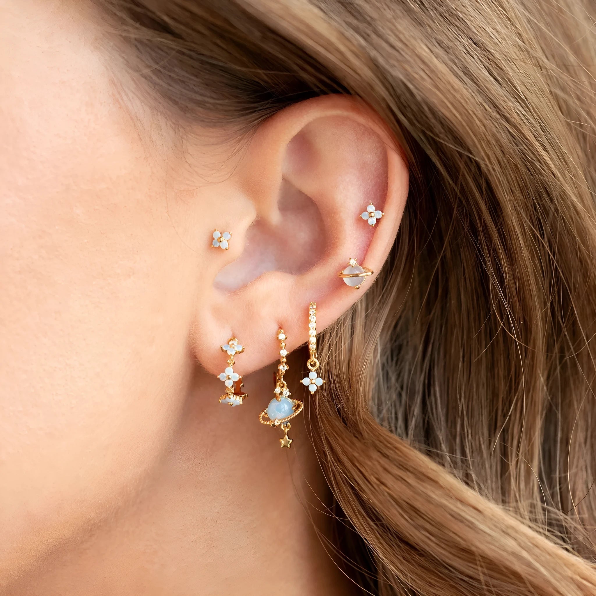 Japanese Korean style flower earrings with zircon mosaic on copper in gold and silver colours
