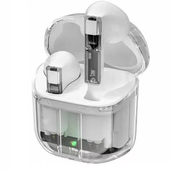 Transparent case Bluetooth earphones showing internal components with digital display screen