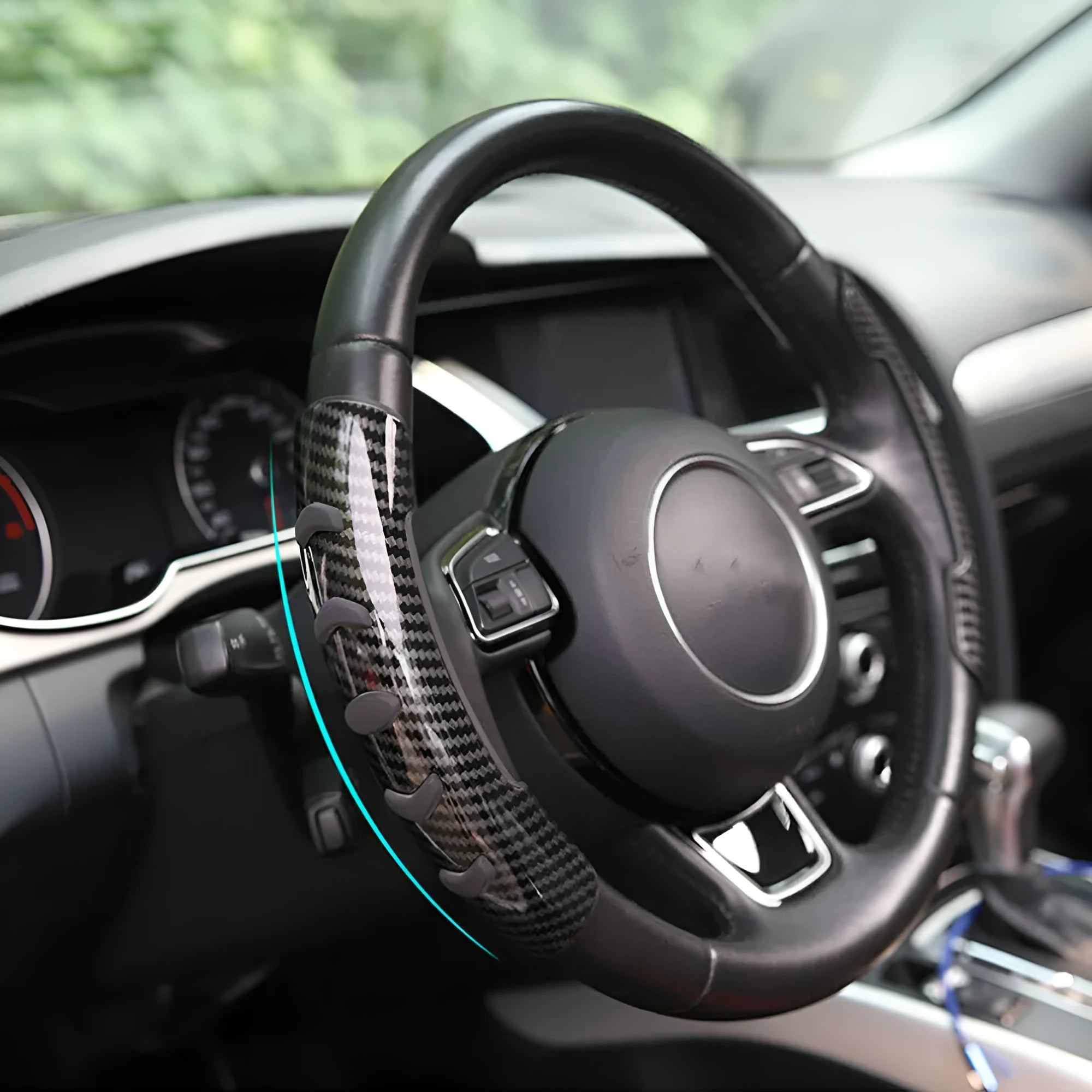 Carbon fibre black steering wheel anti-slip sleeve showing 38cm diameter universal fit