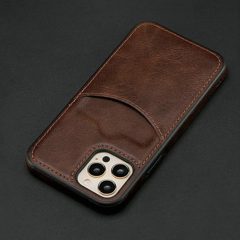 Dark blue PU leather protective case for iPhone shown on a smartphone.