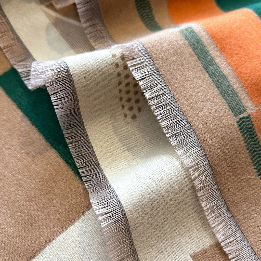 Long beige imitation cashmere scarf draped to show its 185cm length and European chic style.