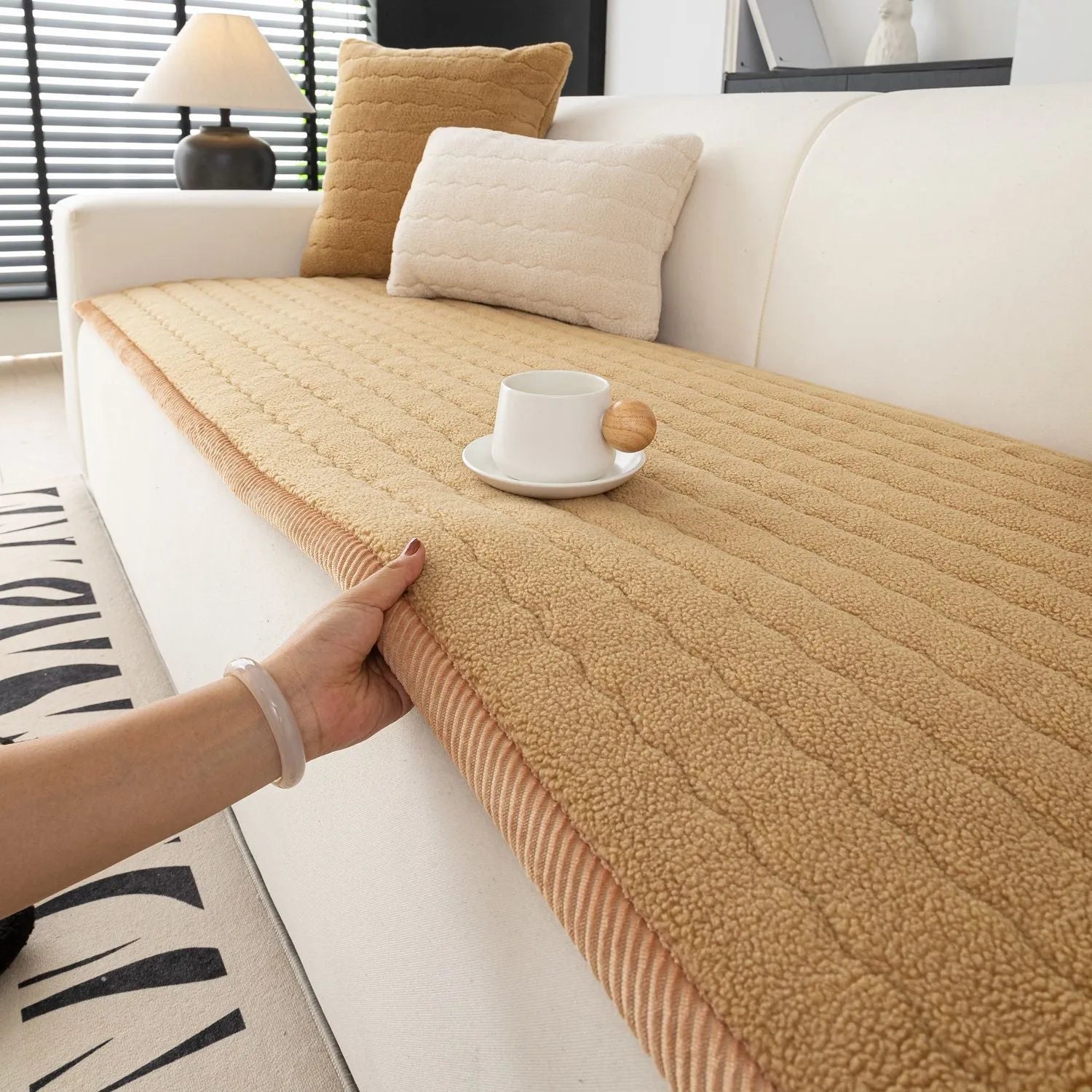 Lambswool thickened non-slip plush sofa cushion in solid colour, available in 70x150cm size