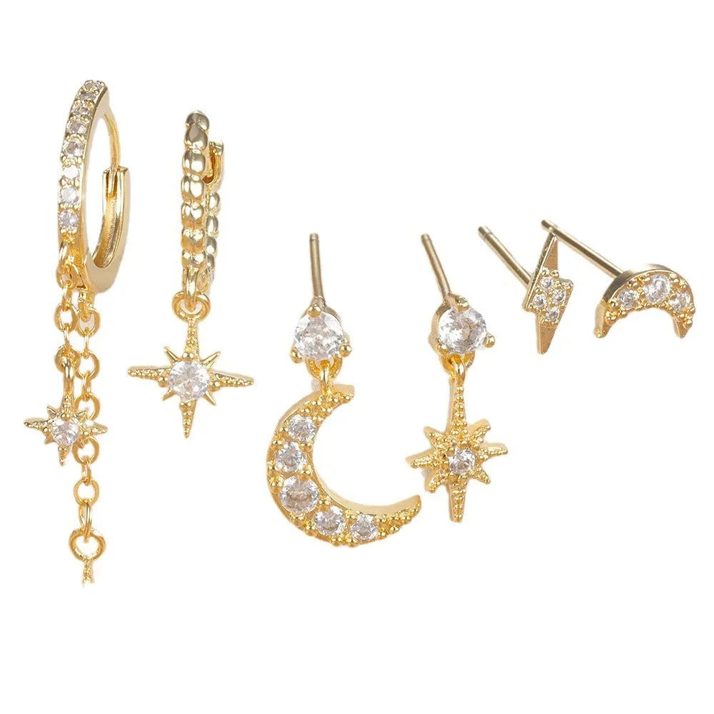 XingX six pairs of gold chain tassel drop earrings with zircon stones on copper