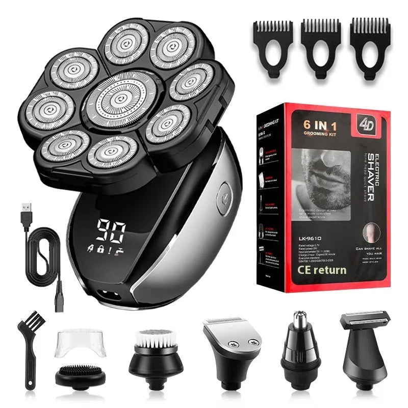 Black rechargeable 6-in-1 hair clipper set with multiple grooming attachments on display