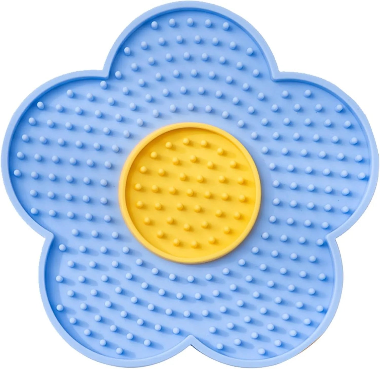 Flower-shaped silicone pet licking mat with suction cups on back in blue, grey, pink, purple, or red