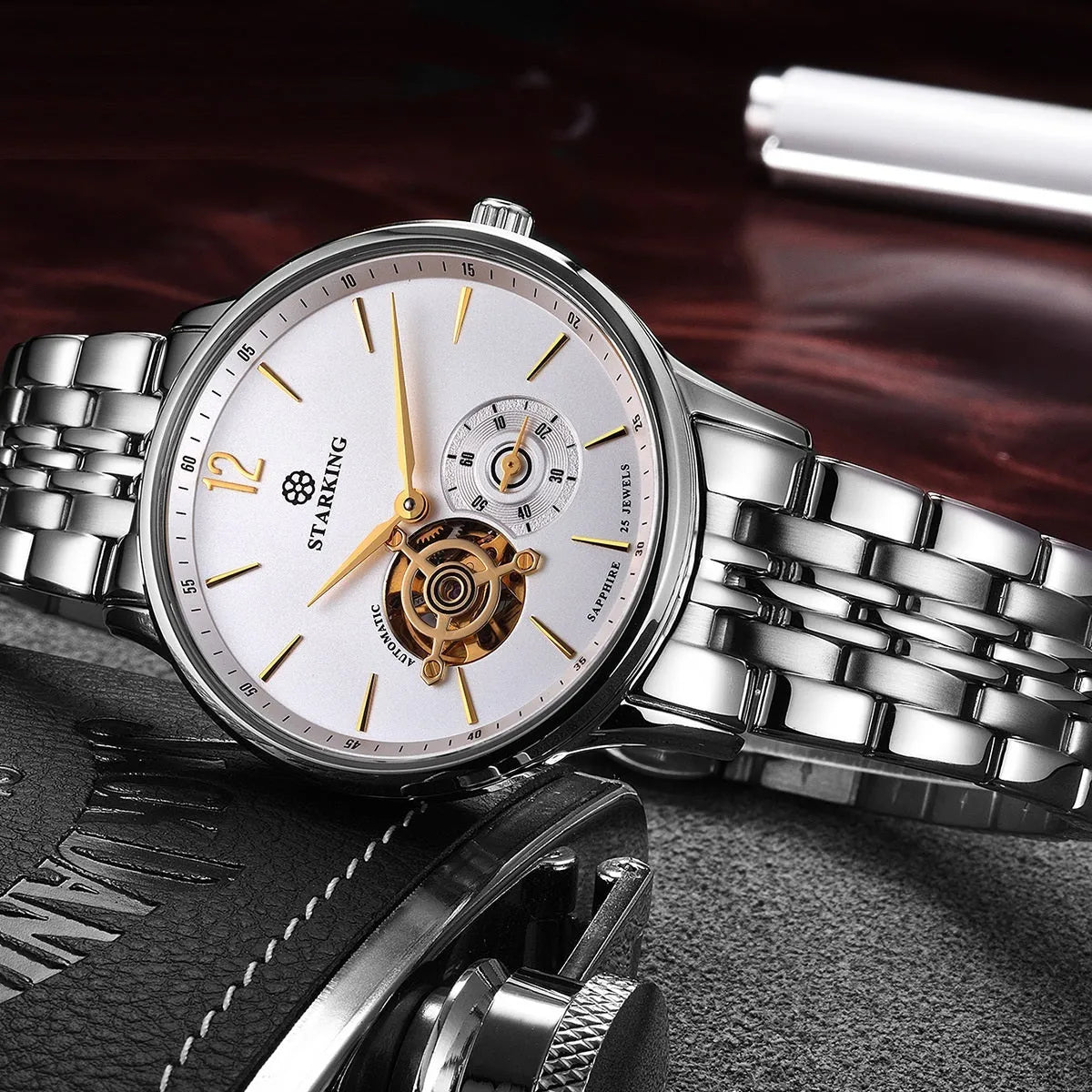 Automatic mechanical men's business watch with hollow three-needle dial on brown leather strap