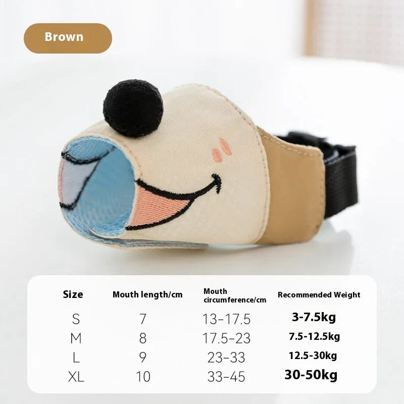 Canvas dog muzzle mouth cover in Ollie Brown Bear colour with weight-based sizing for 3kg to 50kg dogs