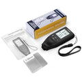 HW400 coating thickness gauge in black with digital display, measuring paint thickness on metal surface