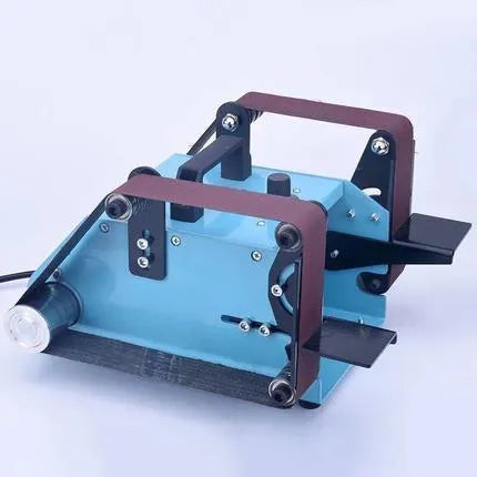 Blue desktop dual-axis belt sander with variable speed control and 40x680mm abrasive belt