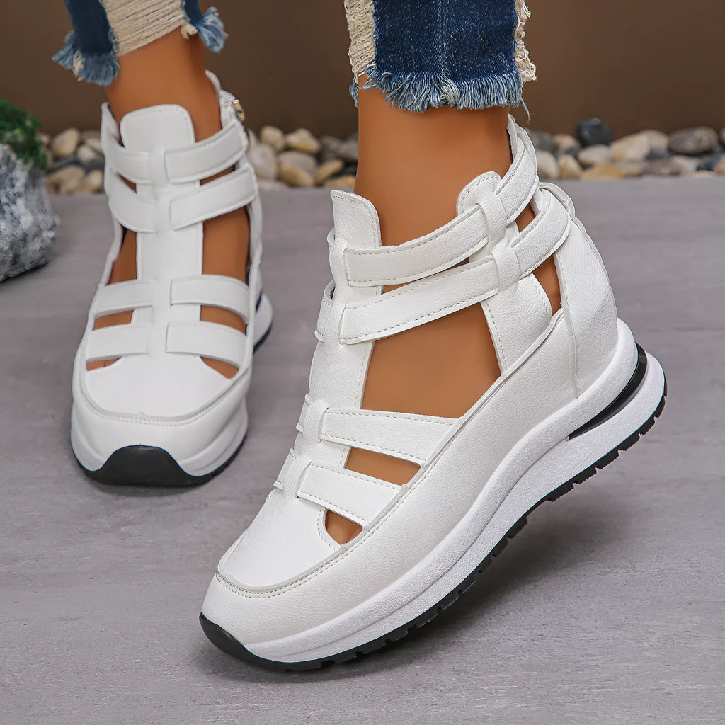 Women's black platform sandals with close-toe design and Velcro fastening