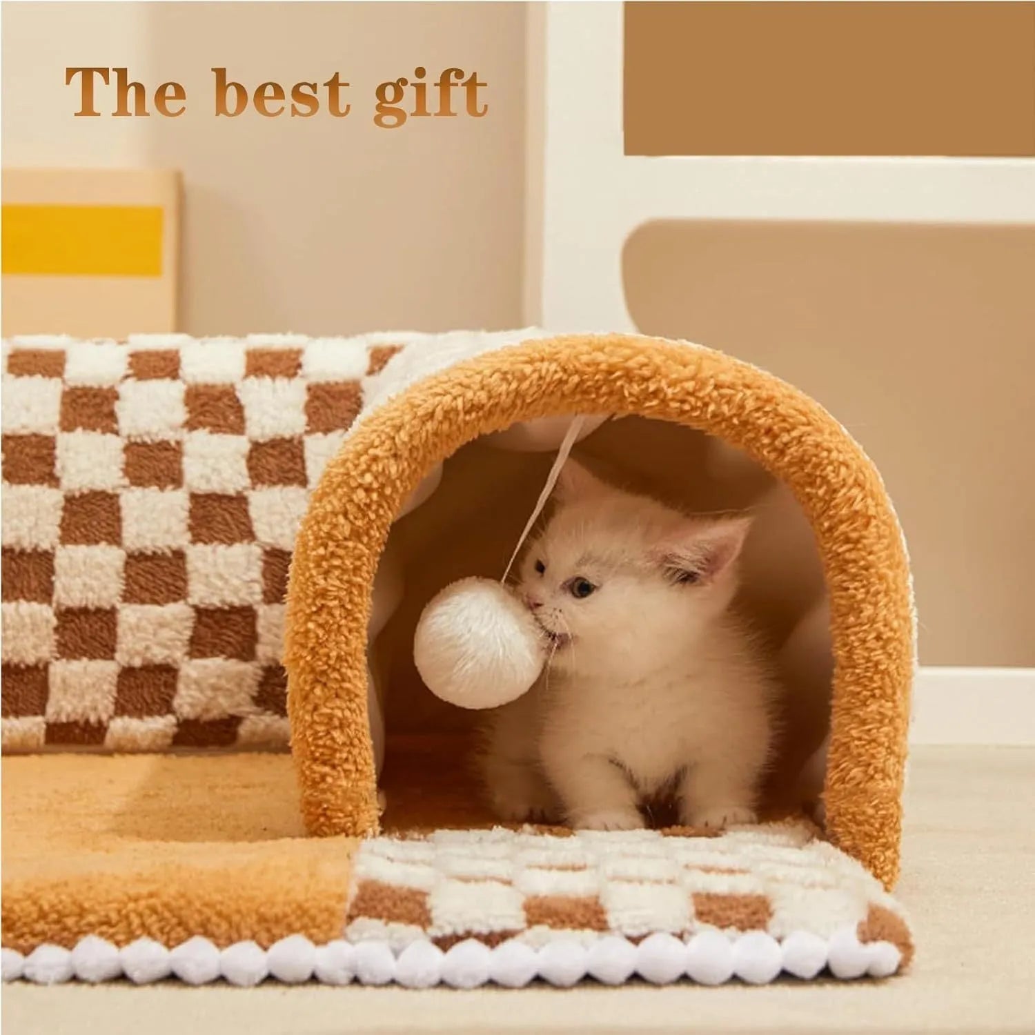 Plush plaid cat tunnel bed with central mat in brown colour, showing collapsible tunnel and non-slip bottom