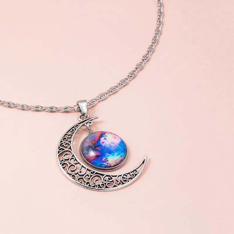 Silver hollow moon pendant necklace with glass star on Figaro chain 40cm women