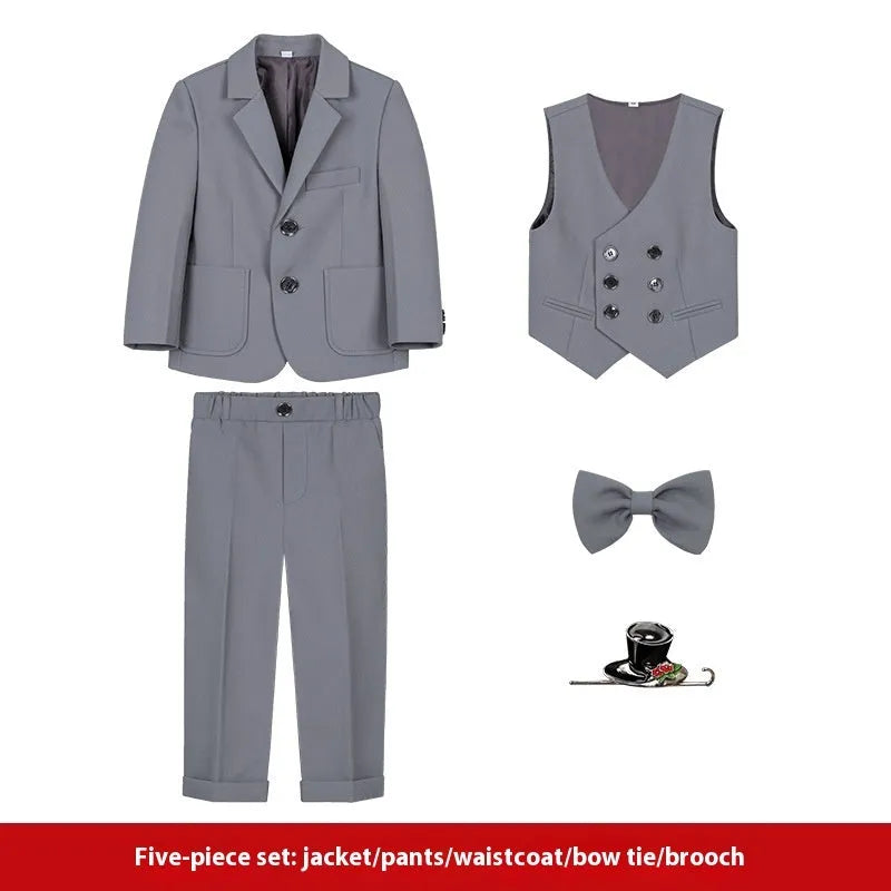 Boys British solid colour suit dress set with single-breasted jacket, long sleeves, vest, bow tie, and brooch in beige blue or gray