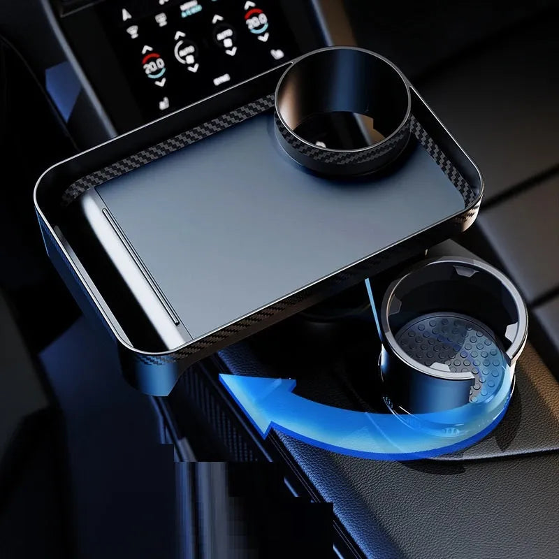 Black car-mounted rotating tray holder with dinner plate surface inserted in vehicle cup holder