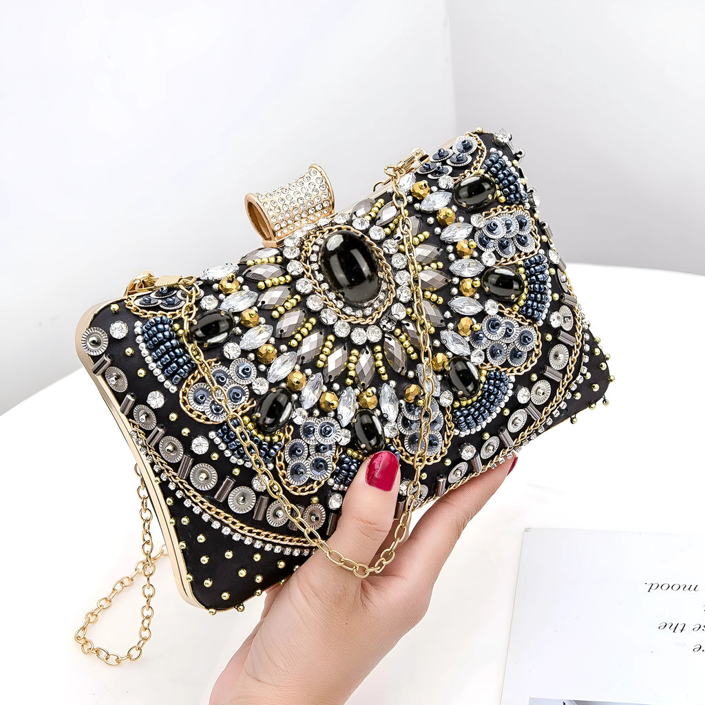 Retro hard shell dinner bag with pearl embroidery and beading in white, showing three-dimensional pocket and hand-held design