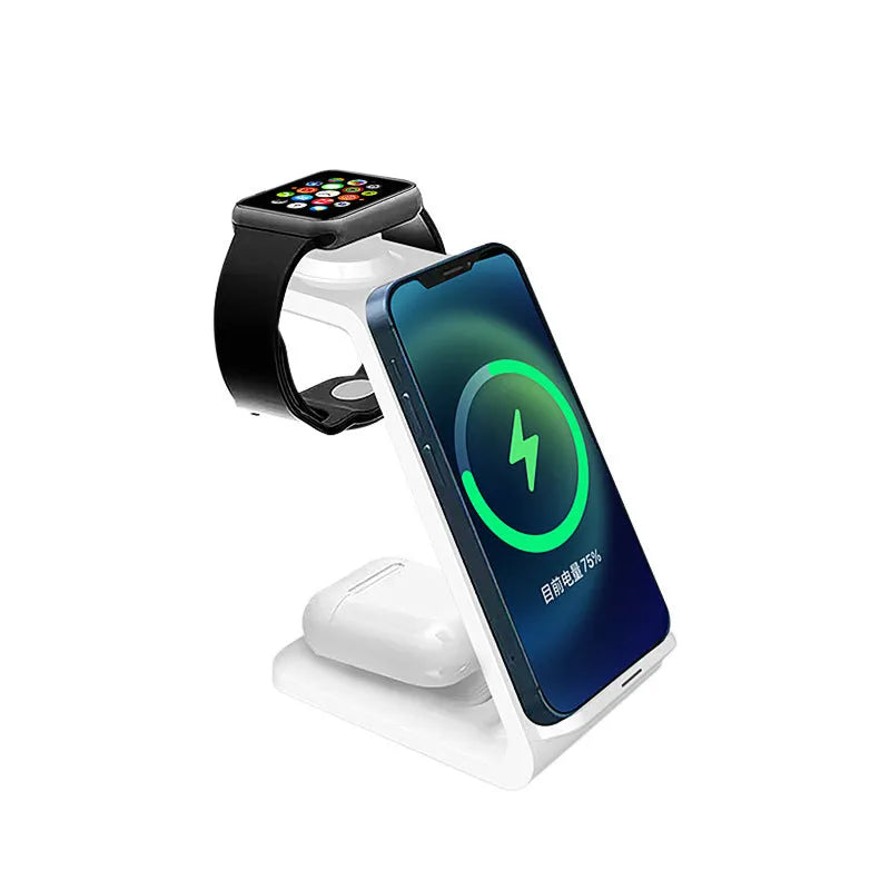 White 3-in-1 upright wireless phone charger stand with dual-coil design and Type-C cable