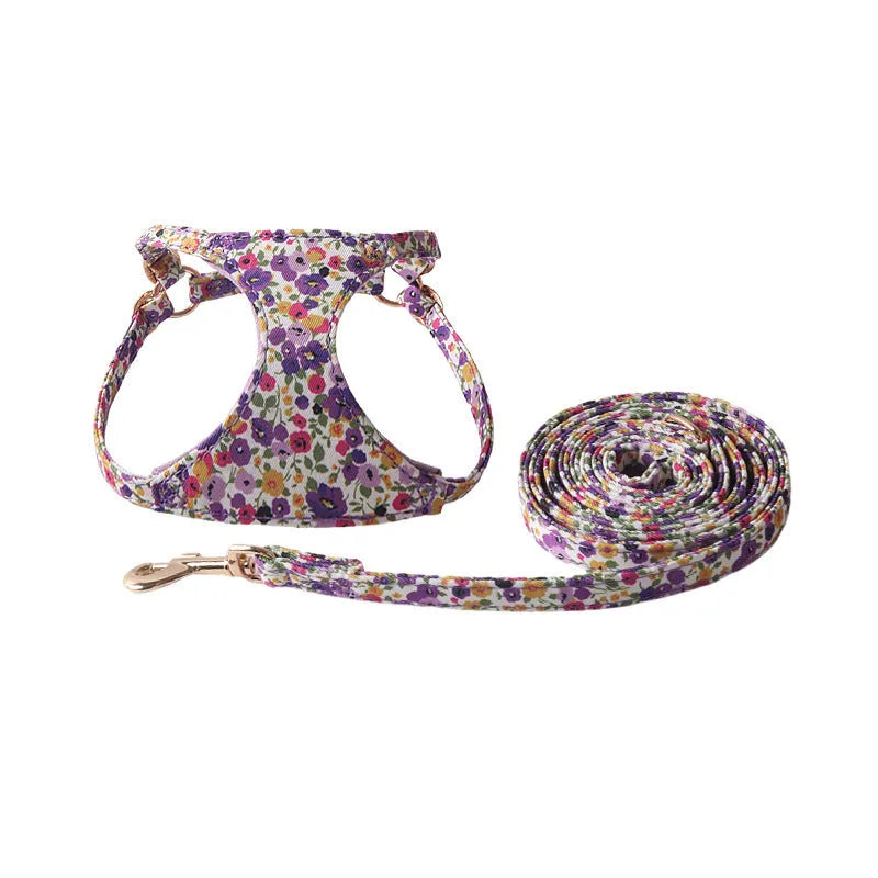 Floral patterned cloth dog harness and leash set in orange, purple, pink, black or white with red flowers design