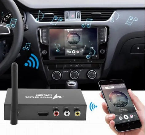 Black Car Mirror Link Box Wi-Fi converter with power cable, AV cable, antenna, and user manual.