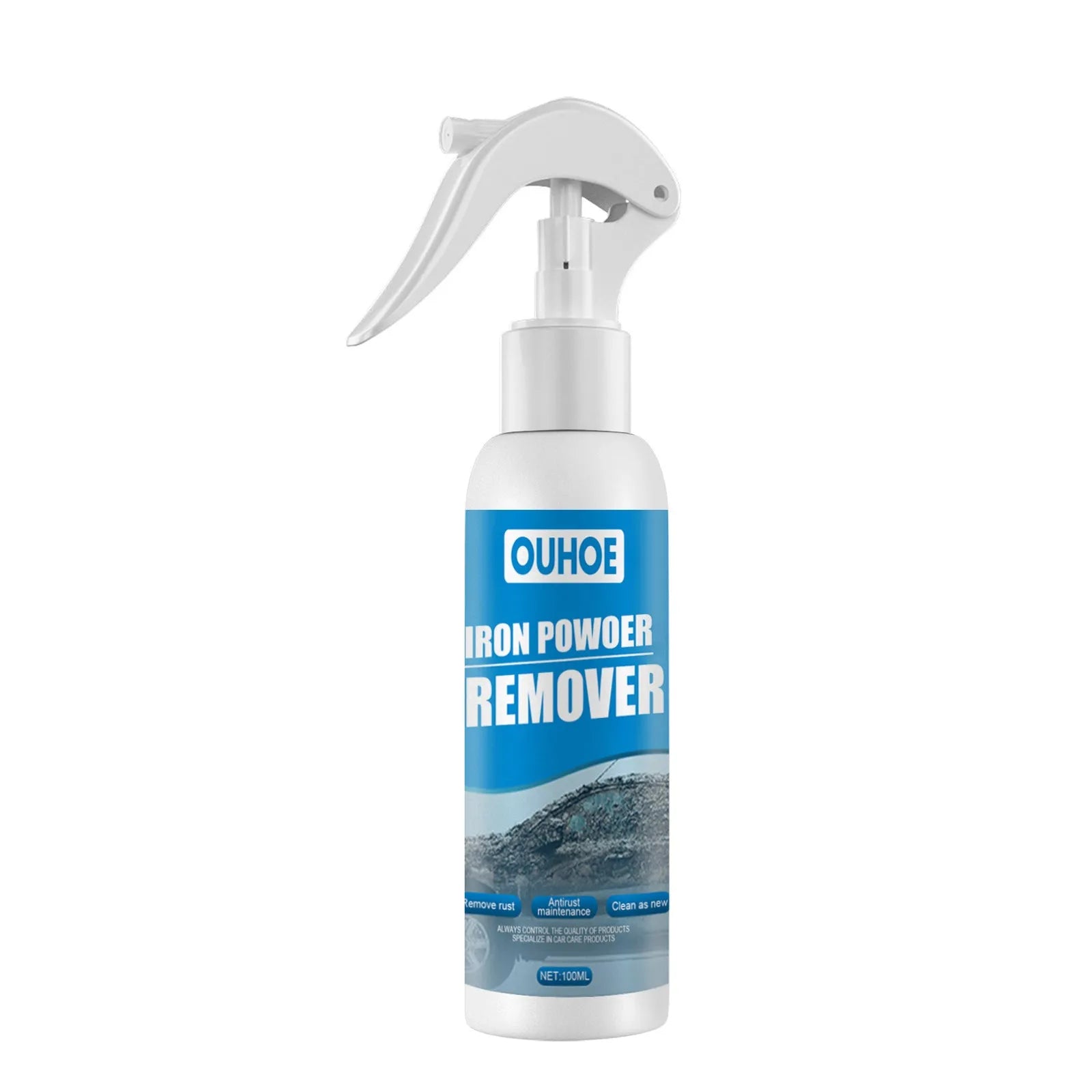 Automotive iron powder remover spray bottle with blue square sponge on car surface