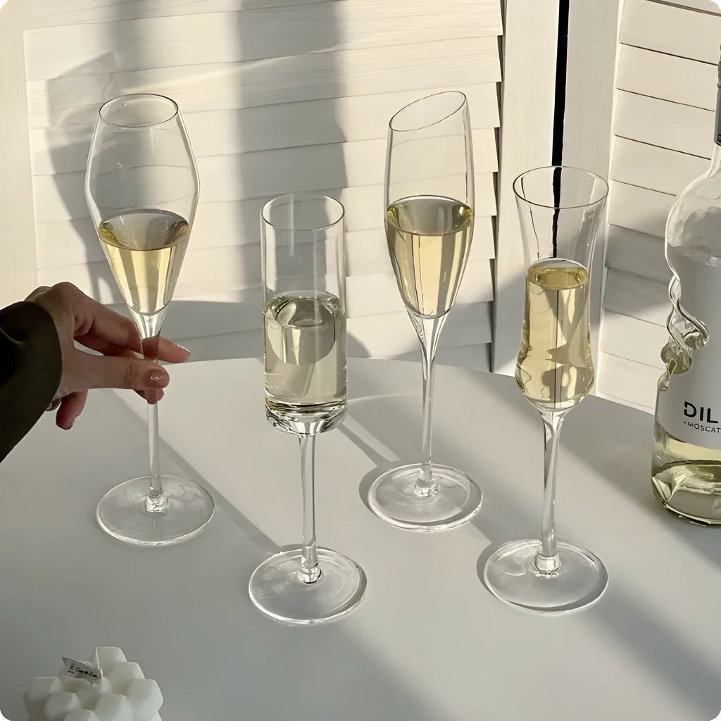 French champagne goblet glass with traditional flute silhouette in multiple colour finishes