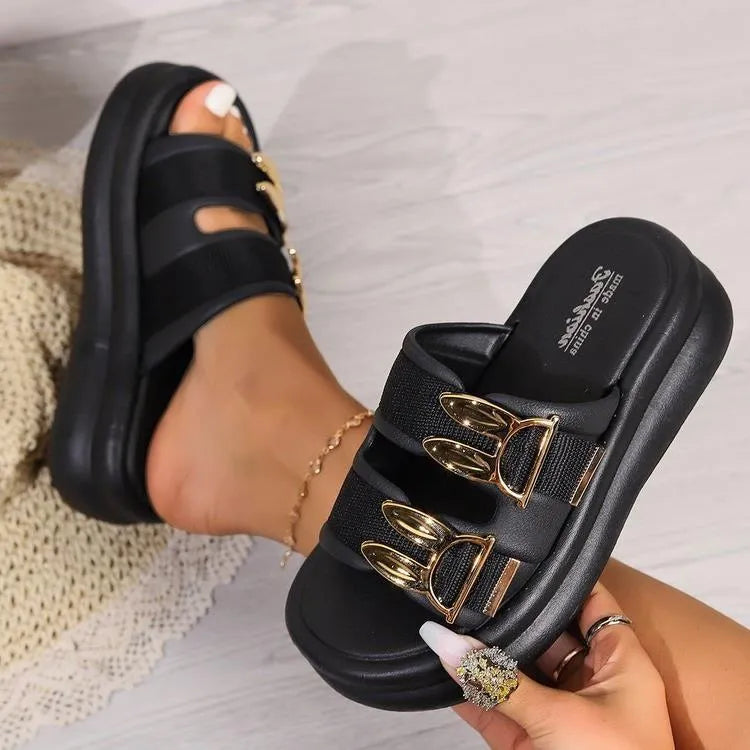 Women's suede slippers with thick rubber soles in apricot, black and off white colours