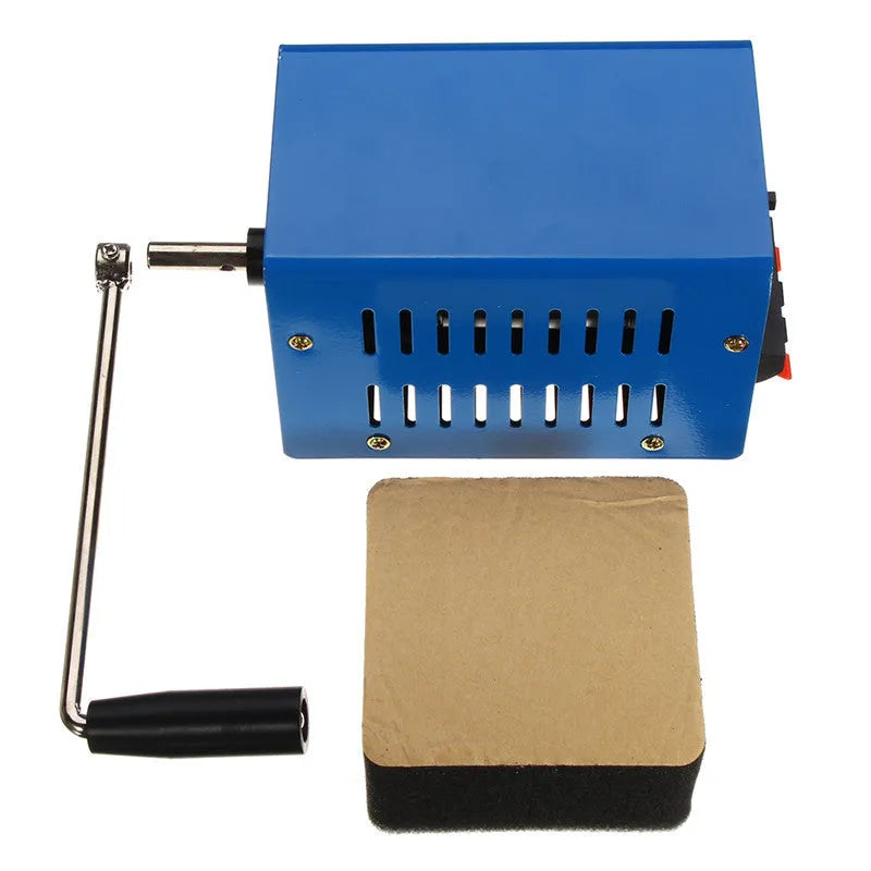 Blue metal hand crank USB power generator with anti-slip grips for emergency charging