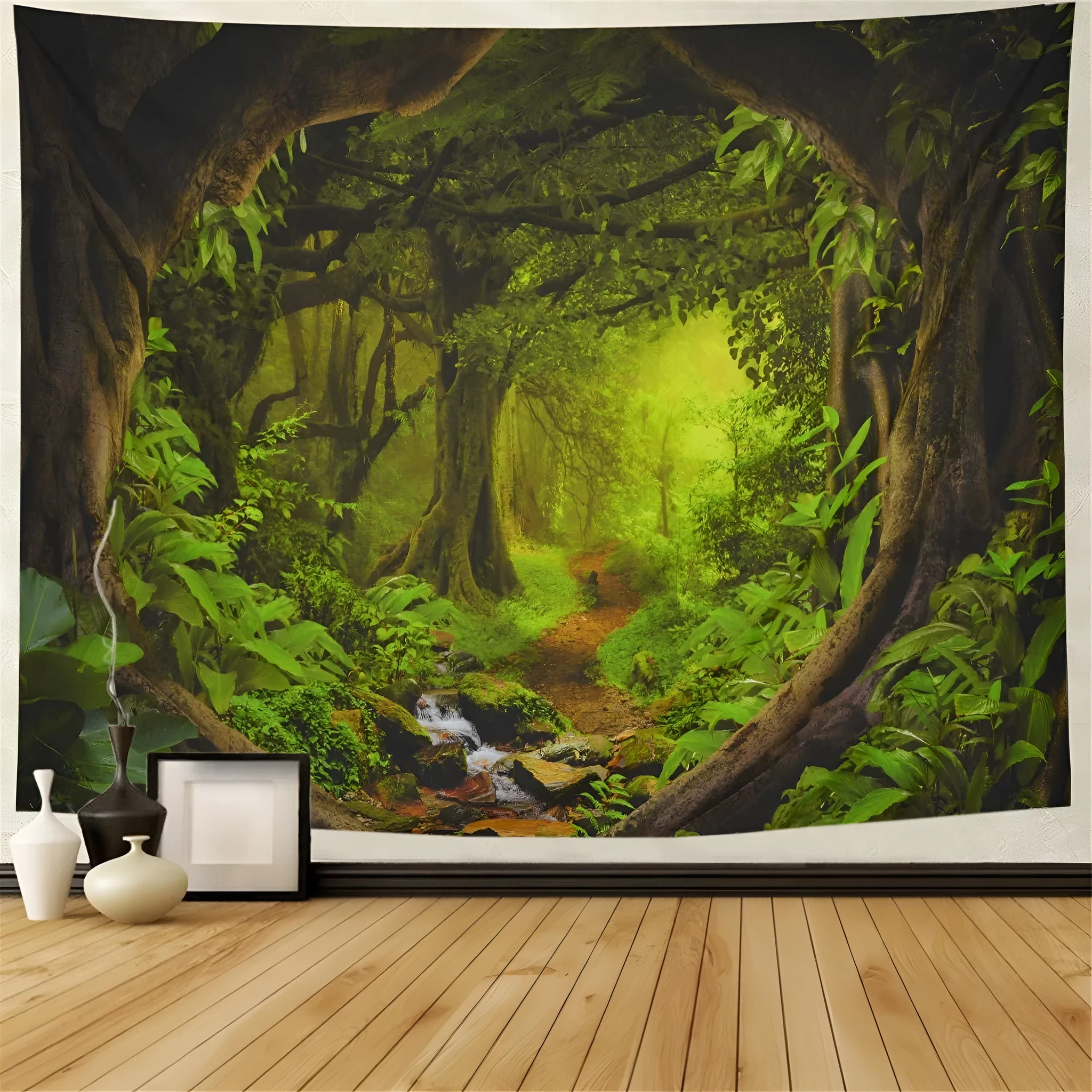 Large bohemian wall tapestry with forest and mandala design hung on a wall