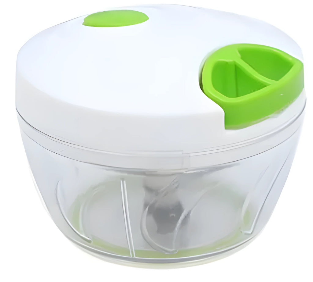 Green manual kitchen chopper shredder with three stainless steel blades and 500ml capacity container