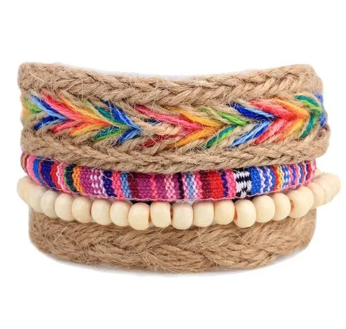 Handmade adjustable leather bracelet with wooden beads and multi-layer wrap design