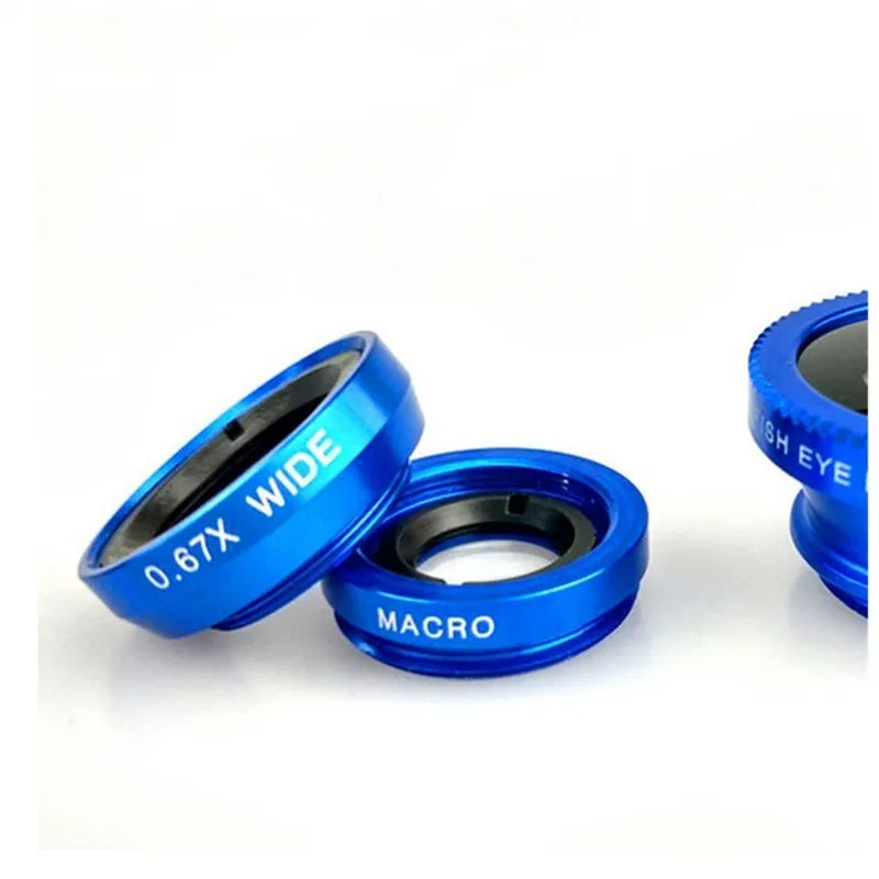 3-in-1 mobile phone lens kit with fisheye, wide angle and macro lenses in aluminium housing