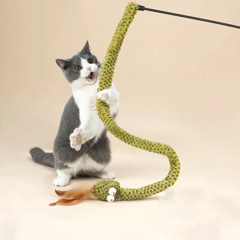 Long green cat teasing wand with feather toy on a white background