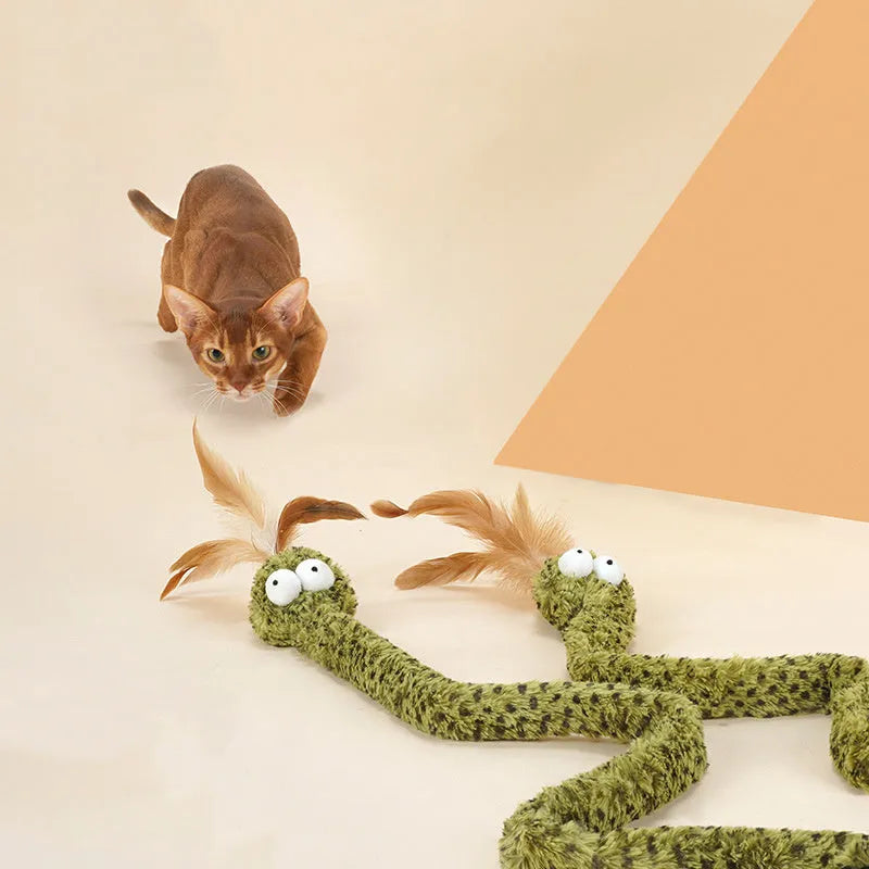 Long green cat teasing wand with feather toy on a white background