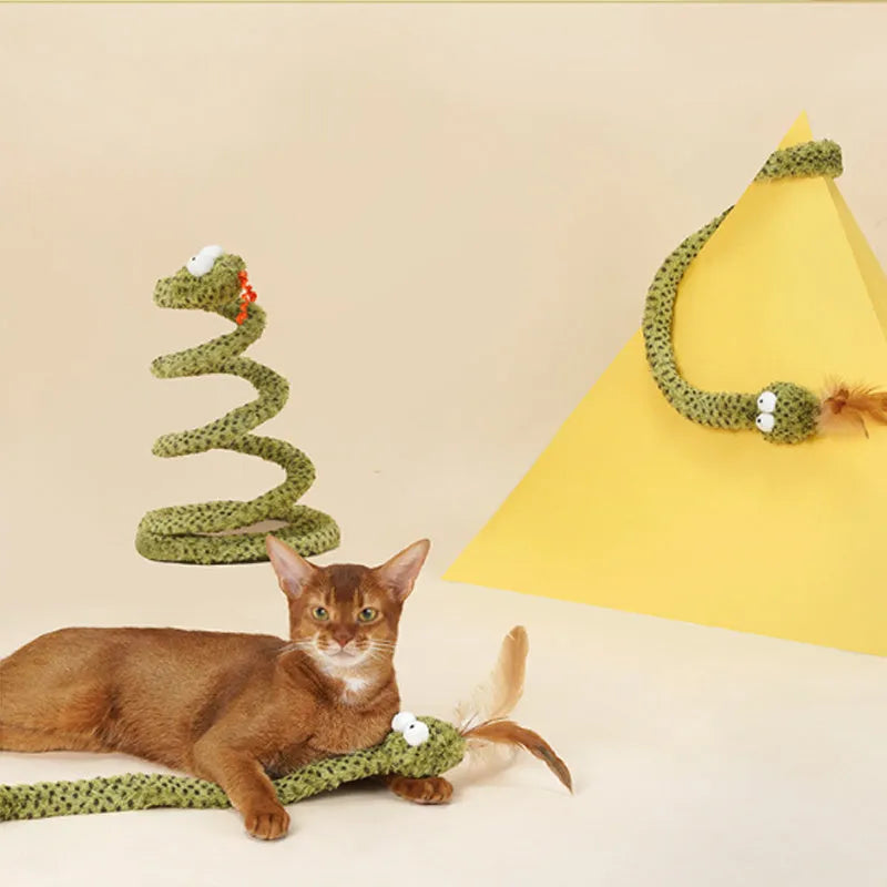 Long green cat teasing wand with feather toy on a white background