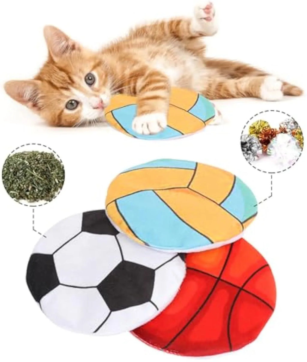 Plush cat flying disc toy with sports ball pattern, containing catnip and crinkle sound.