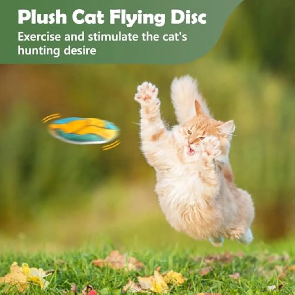 Plush cat flying disc toy with sports ball pattern, containing catnip and crinkle sound.