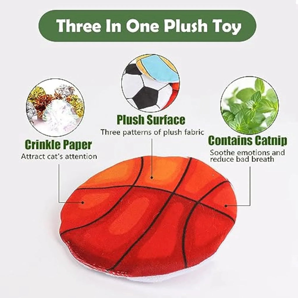Plush cat flying disc toy with sports ball pattern, containing catnip and crinkle sound.