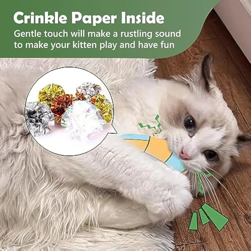 Plush cat flying disc toy with sports ball pattern, containing catnip and crinkle sound.